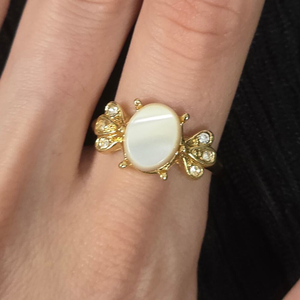 Vintage White Stone Ring Gold Tone Rhinestone Insect Butterfly Statement 7 1/2